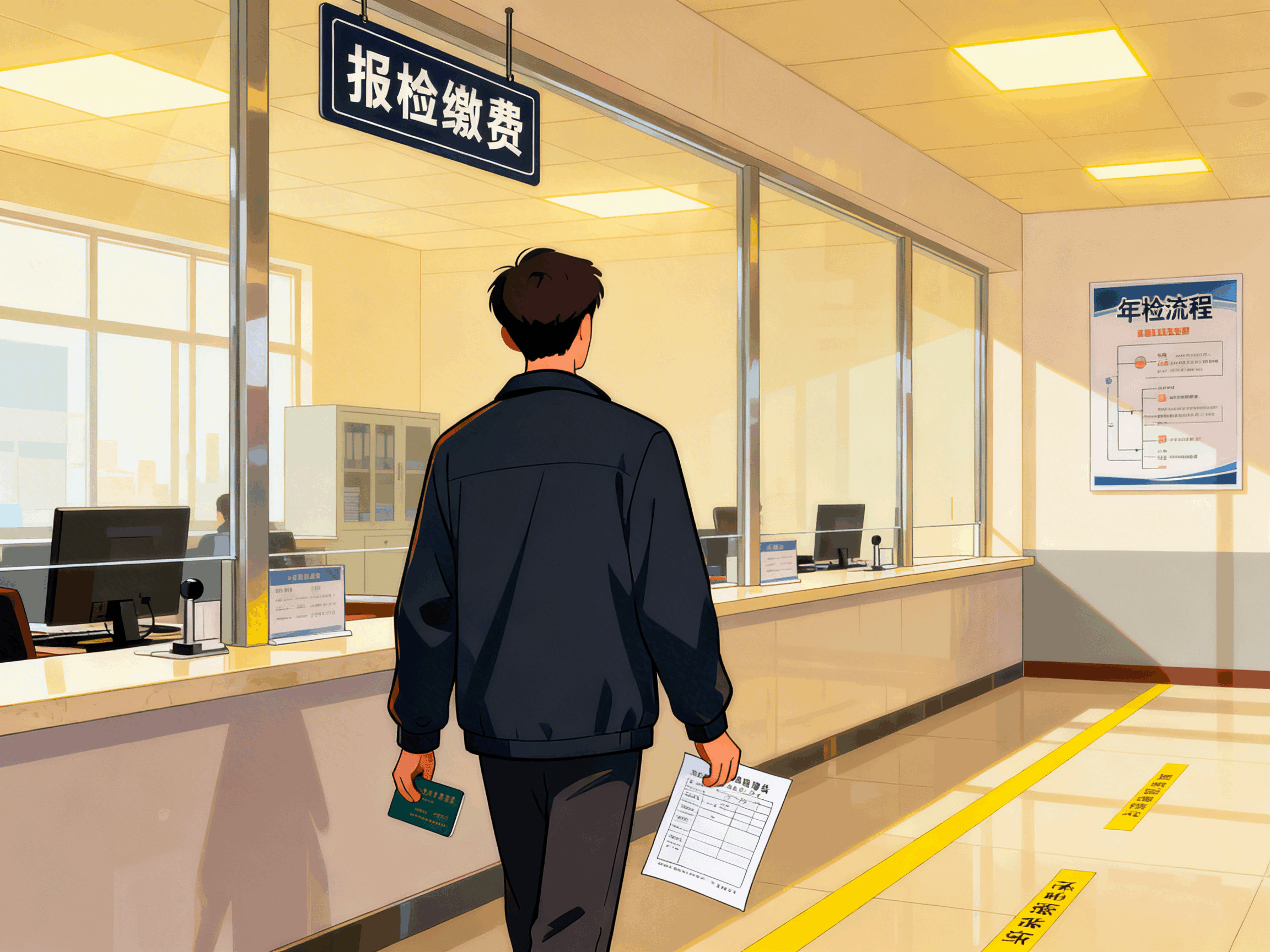 拿行驶证、环保报告单到报检大厅报检缴费